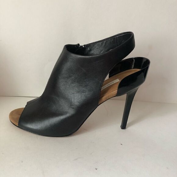 Diane Von Furstenburg black leather sling back peep toe stiletto heels - Picture 3 of 12